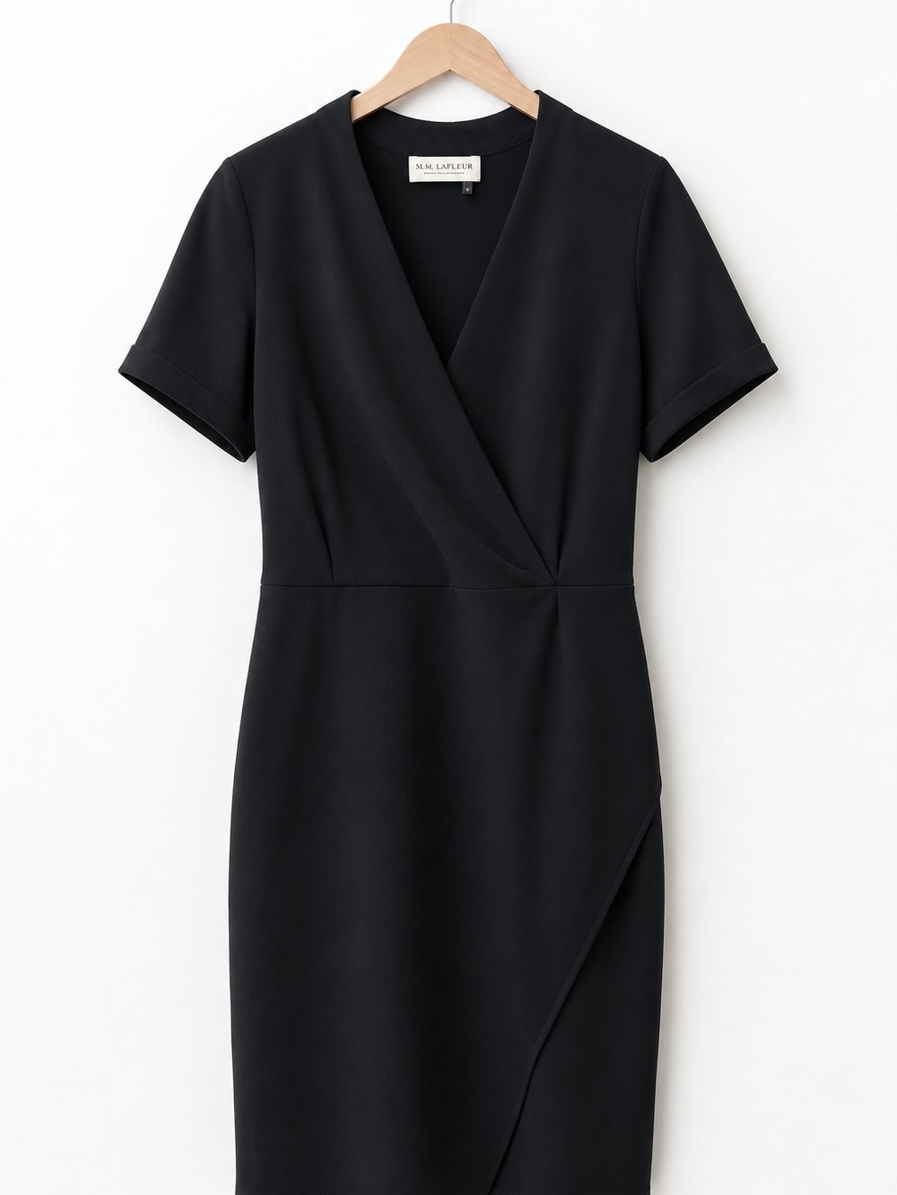 MM Lafleur Black Faux-Wrap Midi Sheath Dress